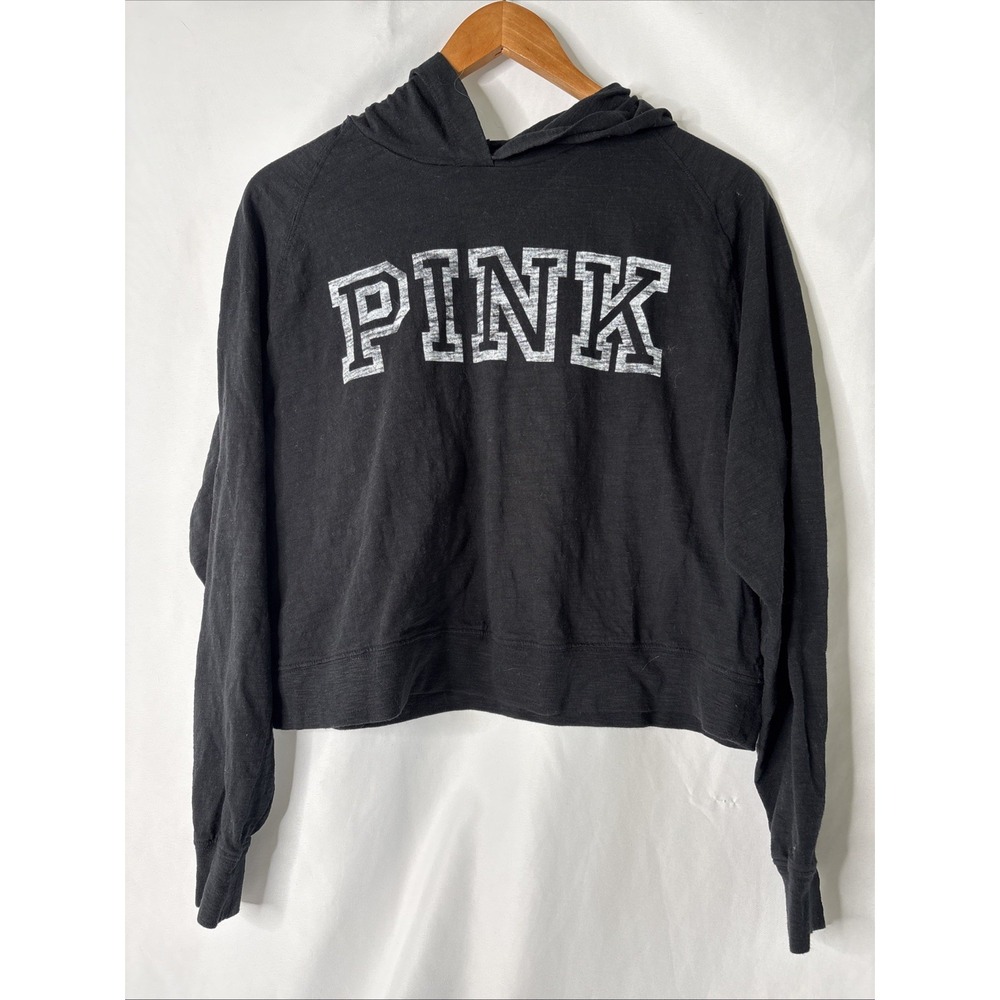 Victoria's Secret PINK Hoodie Womens S Black Hooded Cropped‎ Light Weight